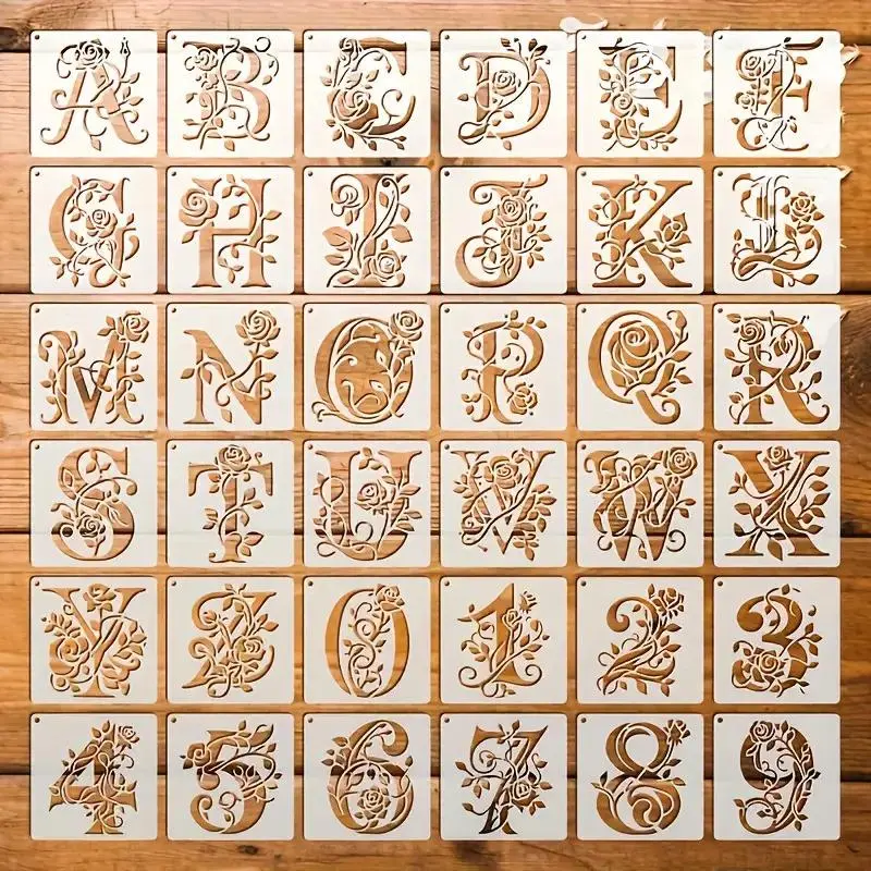 36 Floral Letter Templates, Reusable Rose Alphabet Stencils for Wall Decals, Pillows, T-Shirts, Engraving, Glassware, Fabric Transfers, Artist Supplies