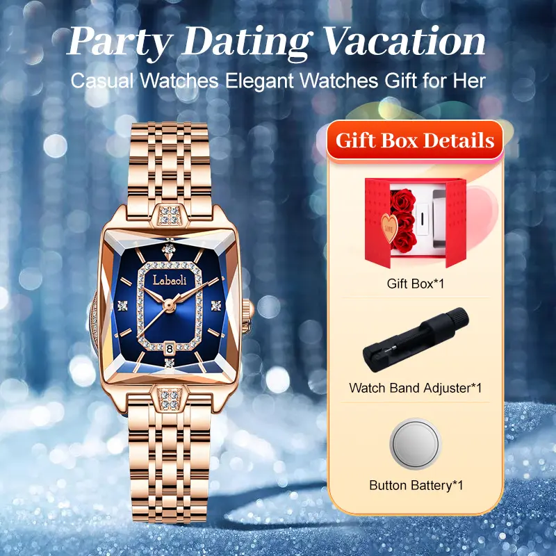 Women's Luxury Shiny Diamond Rectangle Analog Watch Gift Box Set - 28mm Quartz Metal Case, <30M Waterproof Stainless Steel Band, Ideal Gift for Women's Fashion Watches