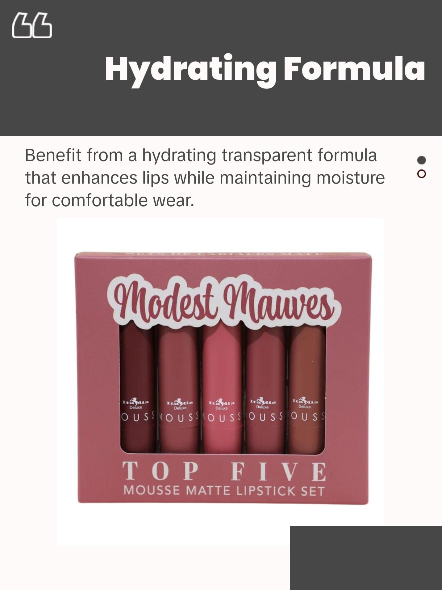 Italia Deluxe Top Five Mousse Matte Lipstick Set - Hydrating Transparent Long Lasting Lipsticks for Lip Makeup - Caliente Reds, Chola Browns, Modest Mauves, Send Nudes - Cosmetic