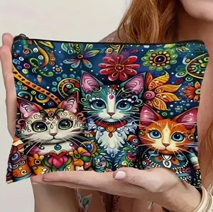 Vibrant Cat Print Cosmetic Bag with 3 Adorable Cats and Floral Design Perfect for Mothers Day Gift Ideal for Makeup and Beauty Products
