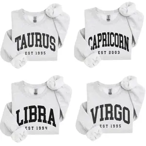 (LEAVE A NOTE) Custom Zodiac T-Shirt/ Sweatshirt with Est Year, Cute Horoscope Astrology Graphic Tshirt/ Sweatshirt, Unisex Crewneck Shirt/ Sweatshirt, Personalized Zodiac Energy Gift for Birthday, Star Sign Lovers, Celestial Sweatshirt