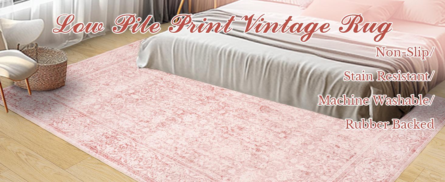 Washable Vintage floral Area Rugs for Living Room, Neutral Boho Printed Floral Extra Large Area Rug,Soft Indoor Low Pile Non Slip Rug for Kitchen Laundry Room Playroom Home Decor Aesthetic,Pink