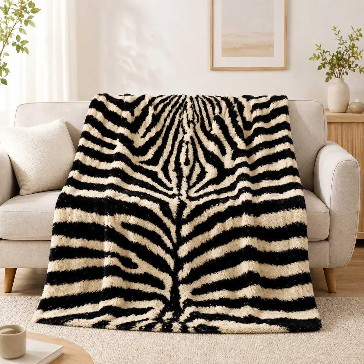 Realistic Zebra Print Flannel Blanket - Soft, Cozy, Black-Cream Animal-Striped, Warm Fuzzy Plush Throw for Safari Animal Print Lovers, Ideal for Modern Wild Style Bedroom Decor