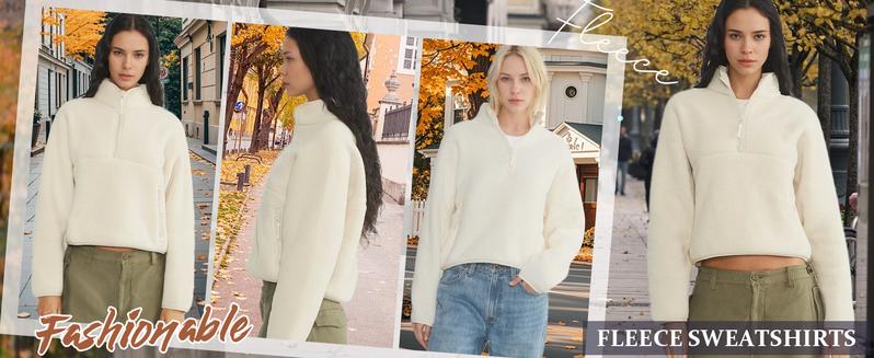 Songling Womens Fleece Sweatshirts Cropped Half Zip Fuzzy Warm Sherpa Pullover Varsity Jackets with Zipper Pockets Fit Casual Breathable Fashion   Loose Light Coats