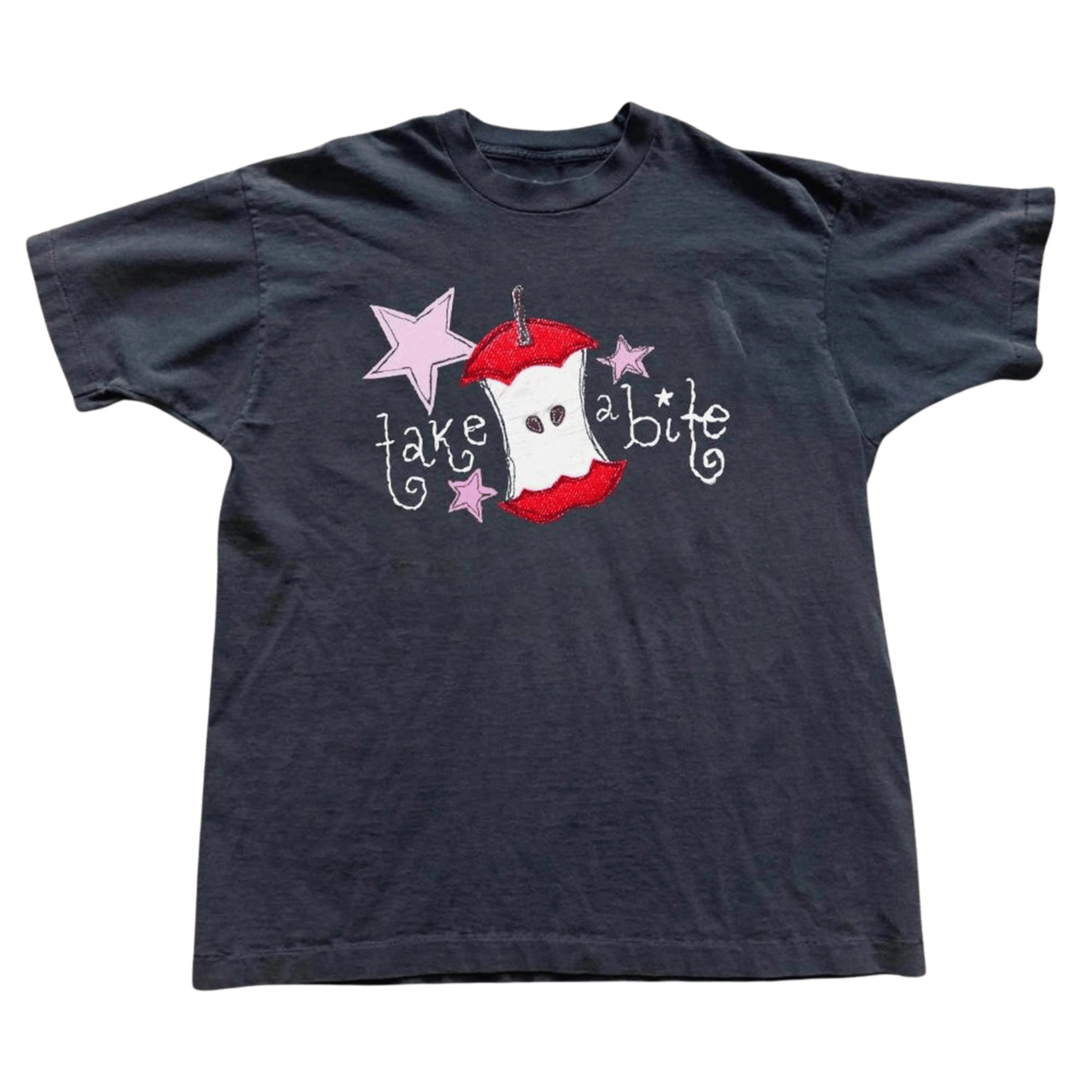 Gildan Men's and Women's T-Shirt, Vintage Take A Bite Graphic Tee, Y2K Grunge Streetwear Shirt, Bitten Apple Core Pink Stars Tops, Cyber Fairycore Cute Apparel, Casual Clothes, Vintage Fashion Gift Tees, Premium Cotton, Menswear