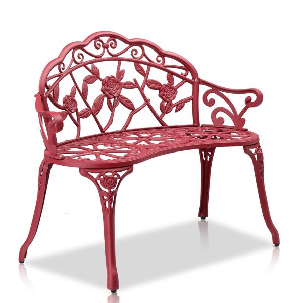 Outdoor Cast Aluminum Patio Bench for Garden Porch Antique Rose Vintage Style Weather Resistant Durable Red Finish