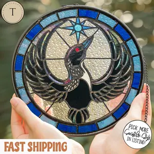 Rebel Loon Stained Glass Suncatcher, Minnesota Bird Window Hanging, Strong Minnesota Bird Glass Art, Natural Wall Decor
