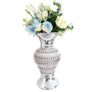 Large Ceramic Vase Inlaid with Rhinestones Vintage Silver Flower for Home Decor 30cm