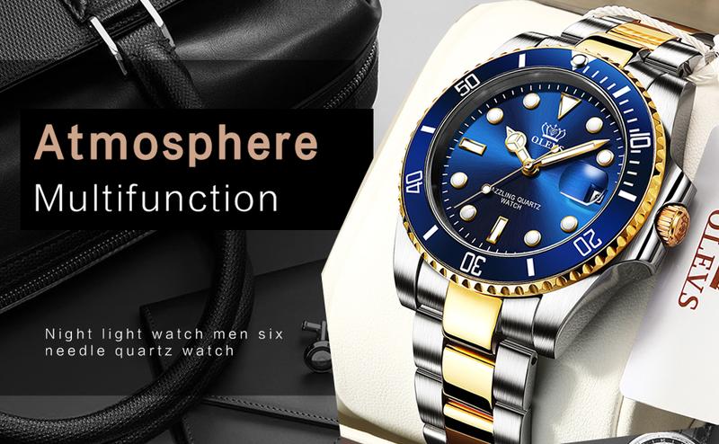 OLEVS Men's Luxury Dress Watch Blue Dial 40mm Stainless Steel Band Rotating Quartz Analog Waterproof Luminous Big Face Boss Wrist Watch Springtok