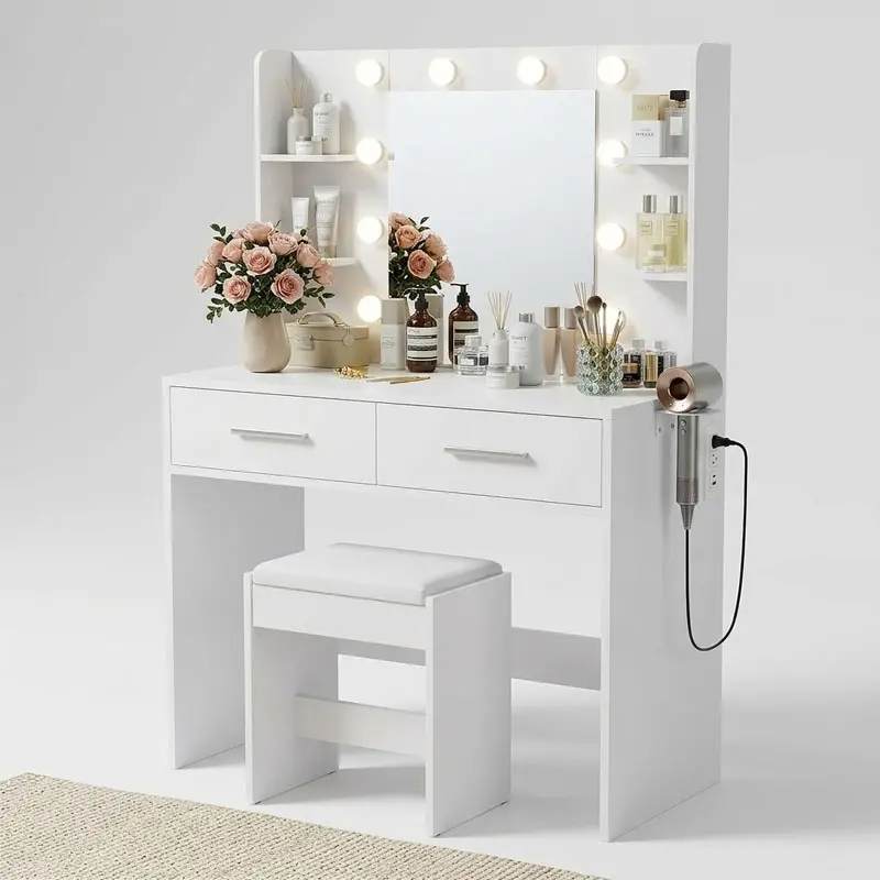 Furmax Modern Makeup Vanity Set with Backlit Mirror & Chair, 3-Color Hollywood Vanity Desk with Power Outlet, 6 Shelves & 2 Drawers, Backlit Makeup Vanity for Bedroom, Makeup Room, Beauty Lovers, Stylish Furniture