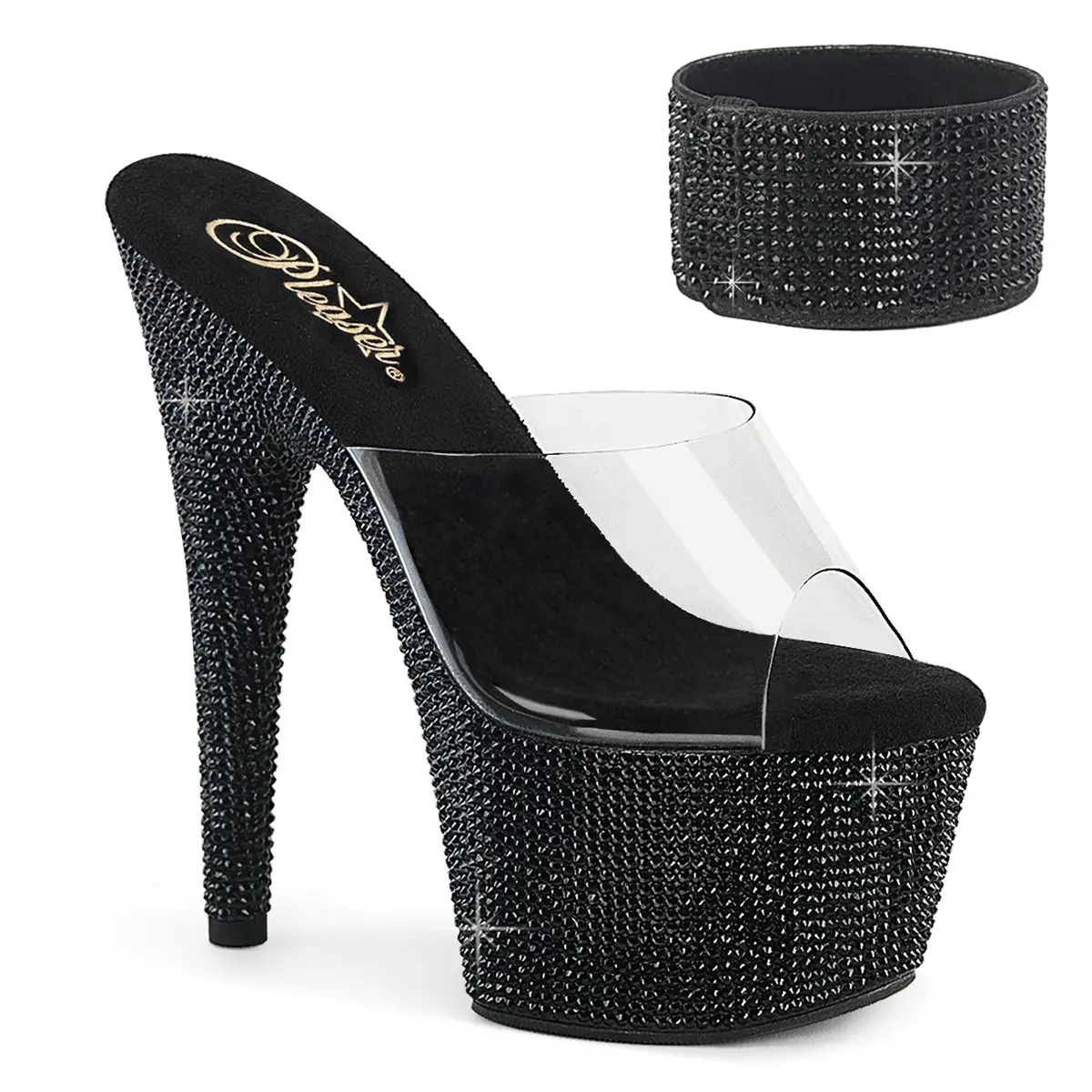 Women's Classy Platform Heels, 7-Inch Slides with Rhinestone Encrusted Sole and Adjustable Ankle Cuff, Elegant Open Toe Shoe Style 712RS