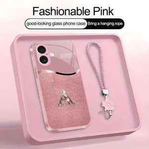 Luxury Pink Phone Case with Lanyard Initial Letter A-Z Cover for iPhone 17 --975
