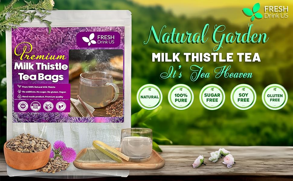 【FreshDrinkUS】 Premium 75 Milk Thistle Tea Bags, 100% Natural & Pure from Milk Thistle Seeds. Milk Thistle Seed Herbal Tea. Milk Thistle Seed Tea. Made with Natural Material Tea Bags. No Sugar, No Caffeine, No Gluten, Vegan. Beverage