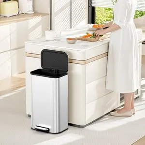 Arlopu 8 Gal/13.2 Gal Kitchen Trash Can W/Soft-Close Lid & Foot Pedal, Square Garbage Can W/Removable Inner Bucket & Handle, Stainless Step Garbage Bin, Fingerprint-Proof