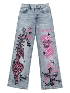 Women's High-Waist Wide-Leg Denim Jeans! High-Rise Medium-Stretch Printed Style—Semi Baggy Jeans Fit, Bedazzled Jeans Sparkle & Still Cool Jeans Vibe! Print has 'larless' letter extra-light wash dot, matches Baggy Jeans Outfit.Stuns with Platform Loafers