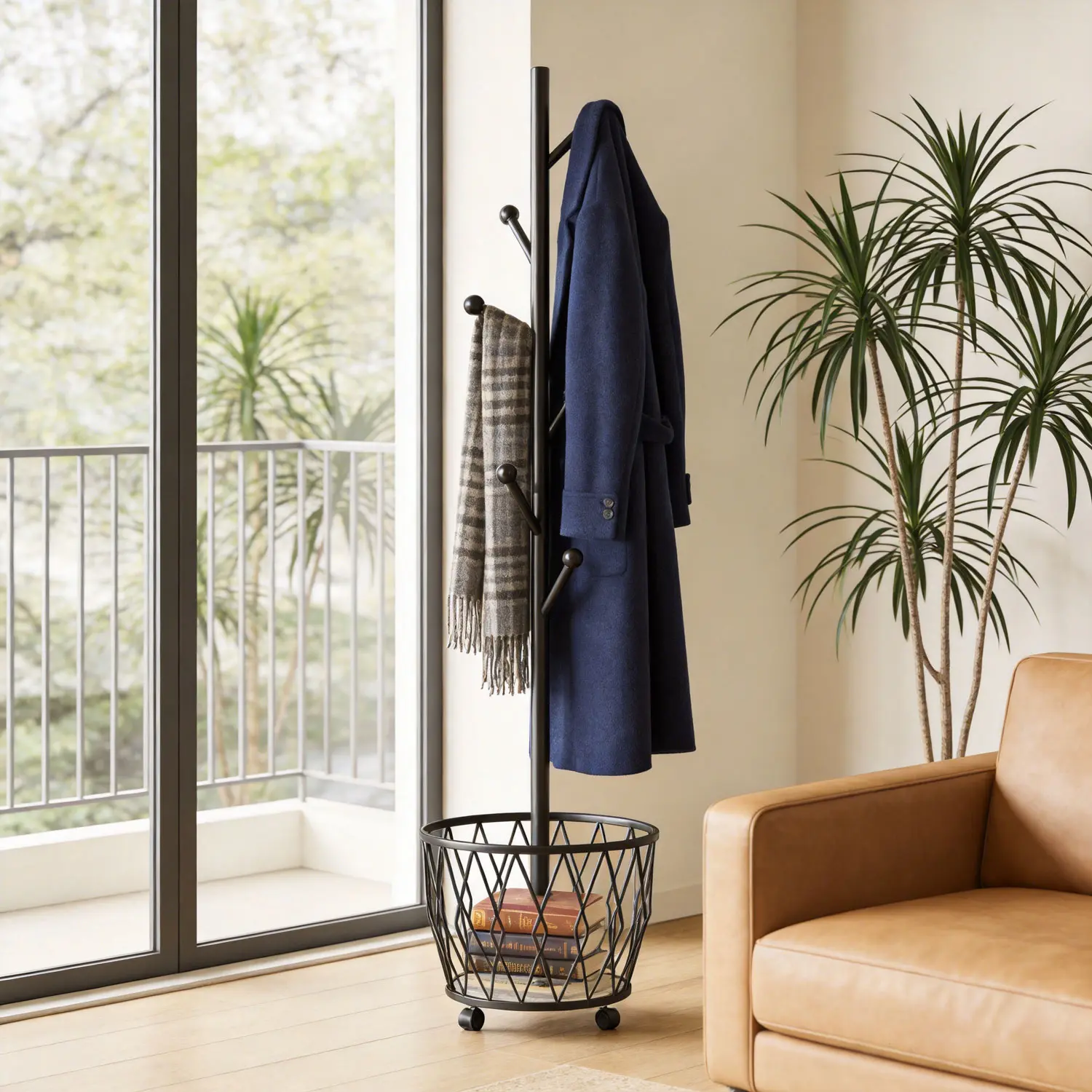 Modern Black Tree-Shaped Coat Rack – Storage Basket + Multiple Hooks, Freestanding & Moveable for Entryway, Jackets, Hats, Bags