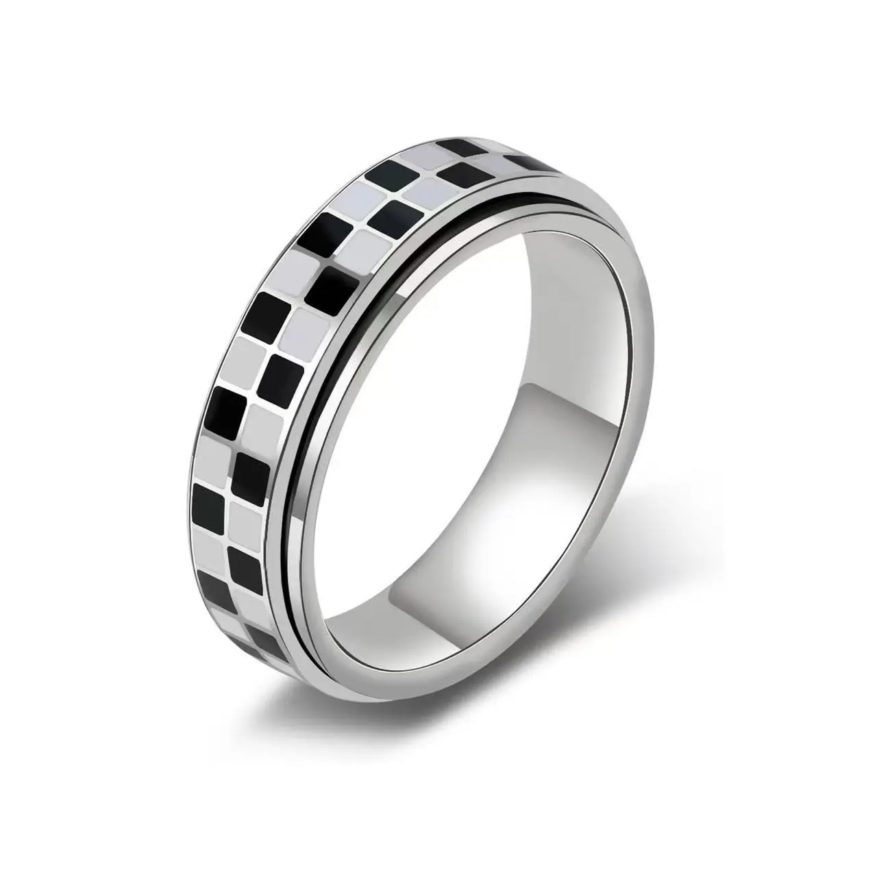 Rotatable Black-and-White Checkered Costume Ring - Classic, Versatile, Scratch-Resistant, Durable Fashion Accessory
