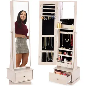 Best Choice Products 360 Swivel Standing Mirrored Jewelry Cabinet, LED-Lit Makeup Organizer w/ Mirror - Coastal White