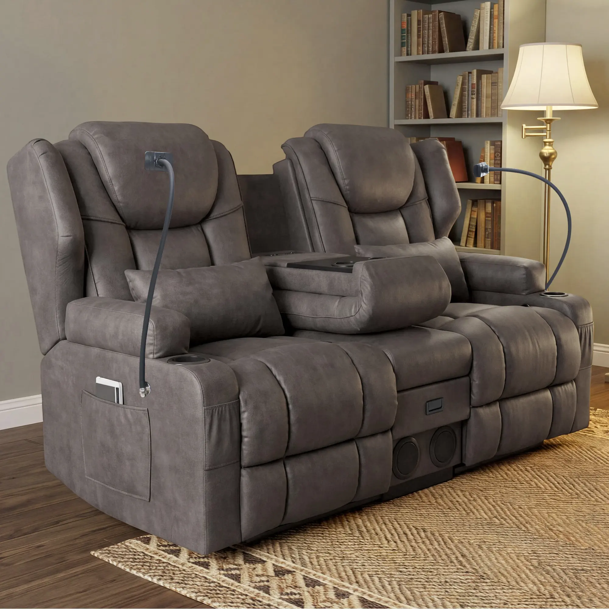 Gray Manual Wall-Hugger Loveseat Recliner Sofa with Massage, Heat, Bluetooth Speakers, Cup Holders - Indoor Living Room Furniture for Small Space Apartments, RV Home Theater Seating, Sofas Living Room