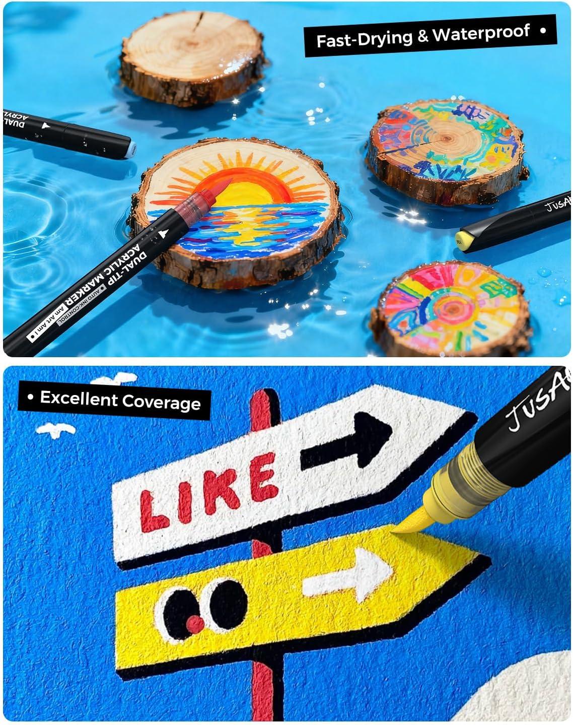 [JusArt] 60/36 Colors Dual Tip with Broad Tip and Brush Tip Pens, Automatic Ink Control Acrylic Paint Markers, Premium Paint Pens for Various Surfaces, Acrylic Paint Markers, Markers for Coloring, Art Supplies, Acrylic Marker,juicy markers,vintage markers