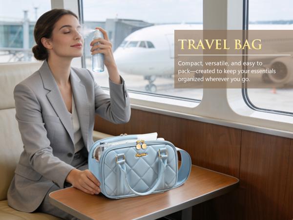 Bagstellar Wide-open  Makeup Bag, PU Leather Toiletry Bag for Women, Quilted Travel Bag Organizer Water-resistant Cosmetic Bag with Handle for Toiletries, Essentials, Accessories