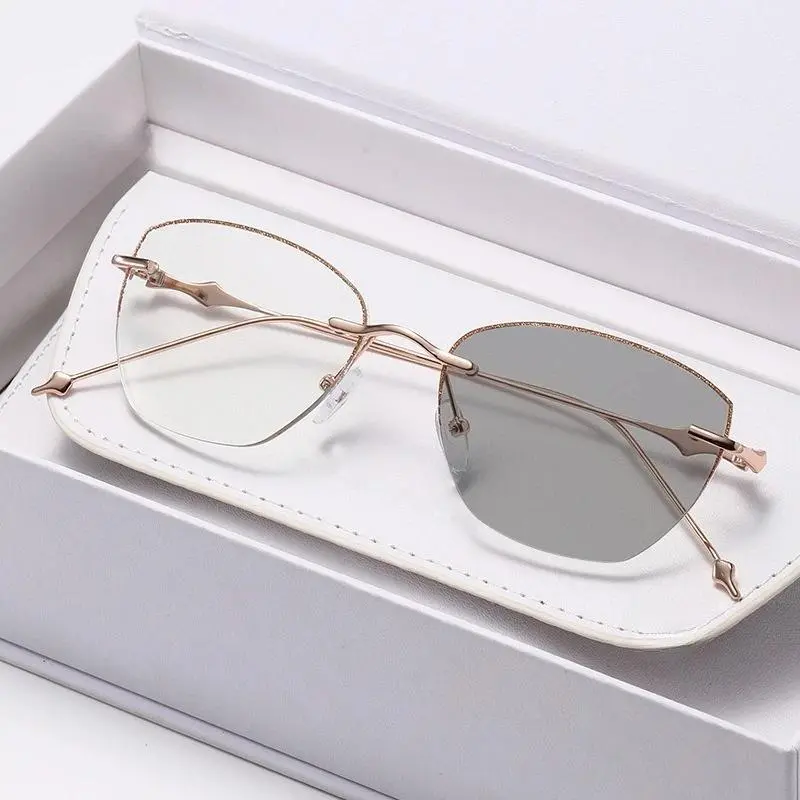 Women's Cat-Eye Myopia Glasses - Ultra-Light Frameless TR-90 Nylon Minimalist Unisex Full Rim Photochromic Blue Light Blocking Lenses for Daily Wear