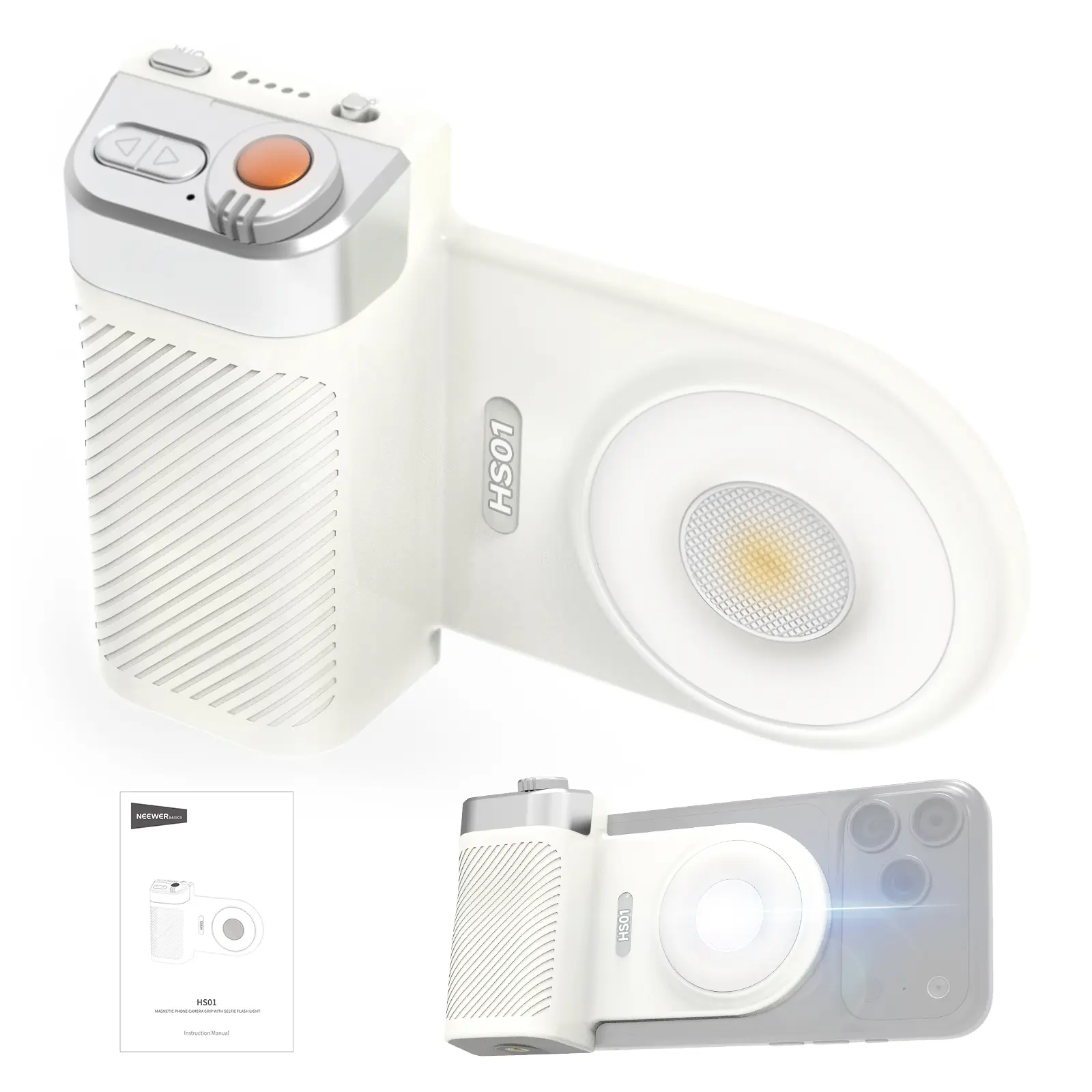 NEEWER HS01 Magnetic Smartphone Camera Grip with 2-in-1 Detachable Selfie Flash Light, Adjustable Compact Mobile Holder, 9W Flash 3W Bi-Color CRI97+ LED Fill, Ergonomic for iPhone/Android Video Recording TikTok, Led Lights, Instagram