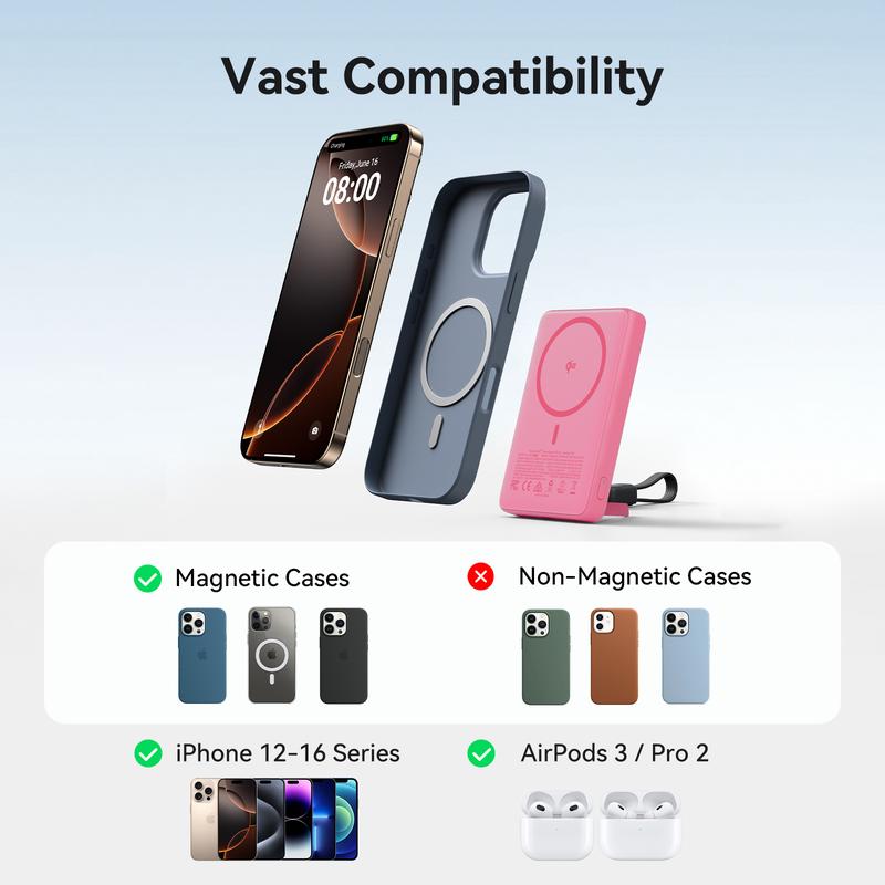 INIU MagFino Qi2 Certified 15W 10000mAh Magnetic Portable Charger with Built-In Foldable Stanｄ, Ultra Slim 45W Fast charging Power Bank Travel Wireless Metal Battery Pack, Detachable Lanyard USB C Cable Phone Charger for iPhone 17 16 15 14 13 12 Series