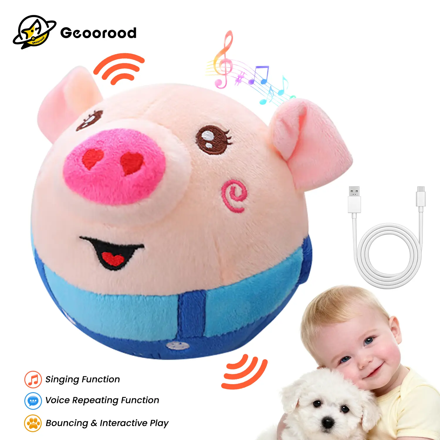 【Geoorood】 USB-Rechargeable Interactive Pig Toy for Small & Medium Dogs – Bouncing, Singing, Voice-Repeating Plush Ball with Washable Cover (Red/Blue) #DealsforYouDays #SummerWins