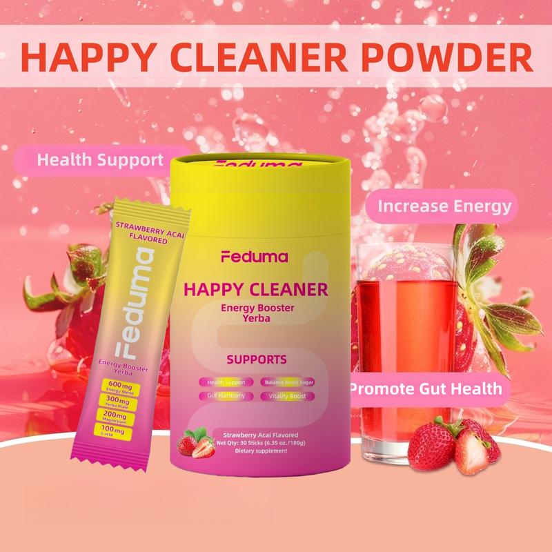 Feduma Happy Cleaner Drink Mix  -  Berberine, Chromium, 5-HTP, Yerba Mate & Magnesium , Strawberry Acai Flavor,30 Servings