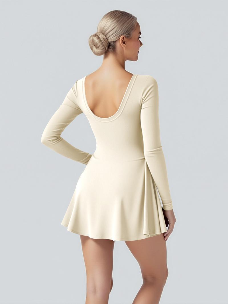 Women's Long Sleeve Tennis Dress with Ruffle Side Slit & Built-in Shorts for Yoga Golf Athletic Activities Homecoming Dress Activewear Machine Washable High Stretch Knit Fabric