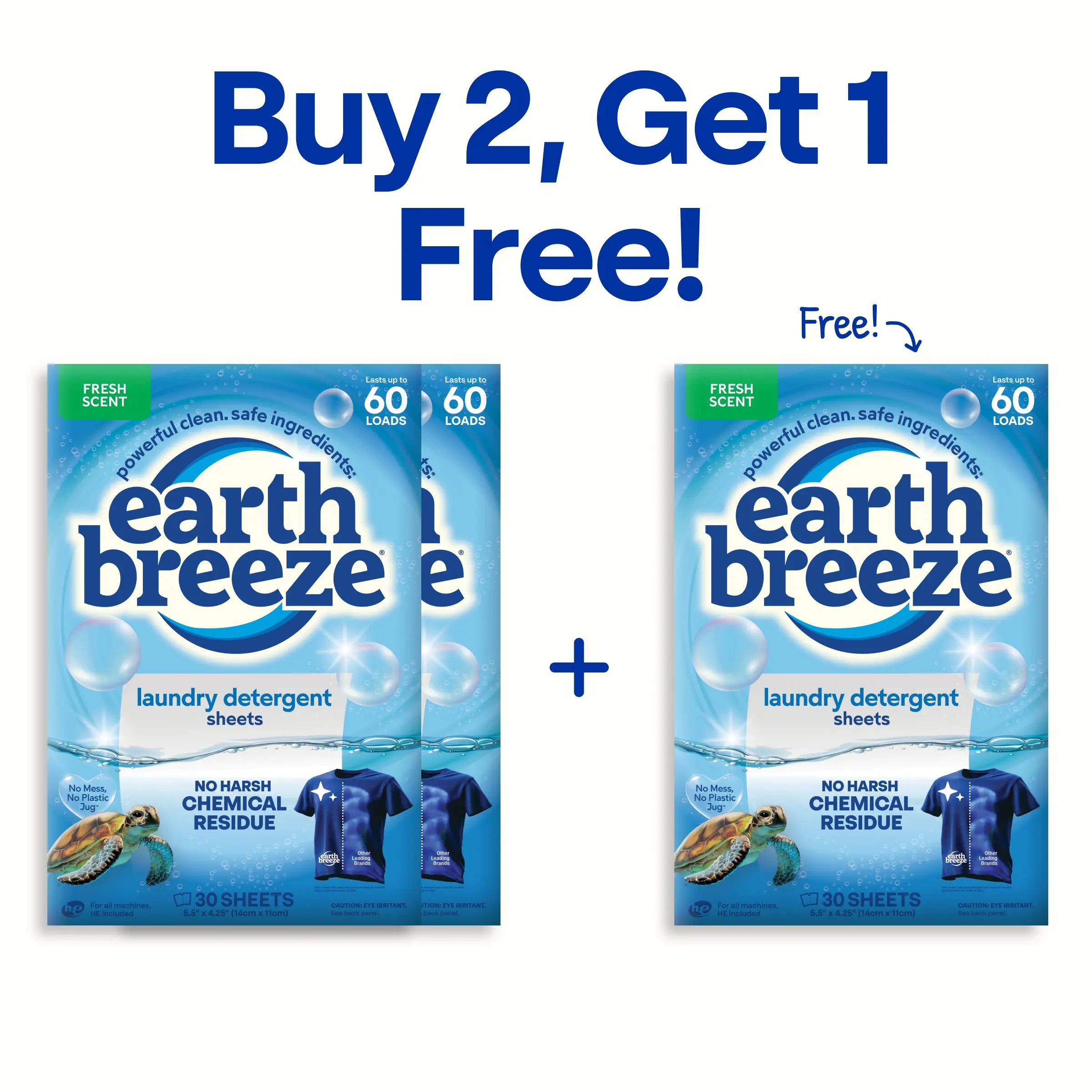 Earth Breeze Laundry Detergent Sheets Buy 2 Get 1 Free: Powerful Clean, Safe Ingredients, No Harsh Chemical Residue from Optical Brighteners, Gentle on Skin, 180 Loads