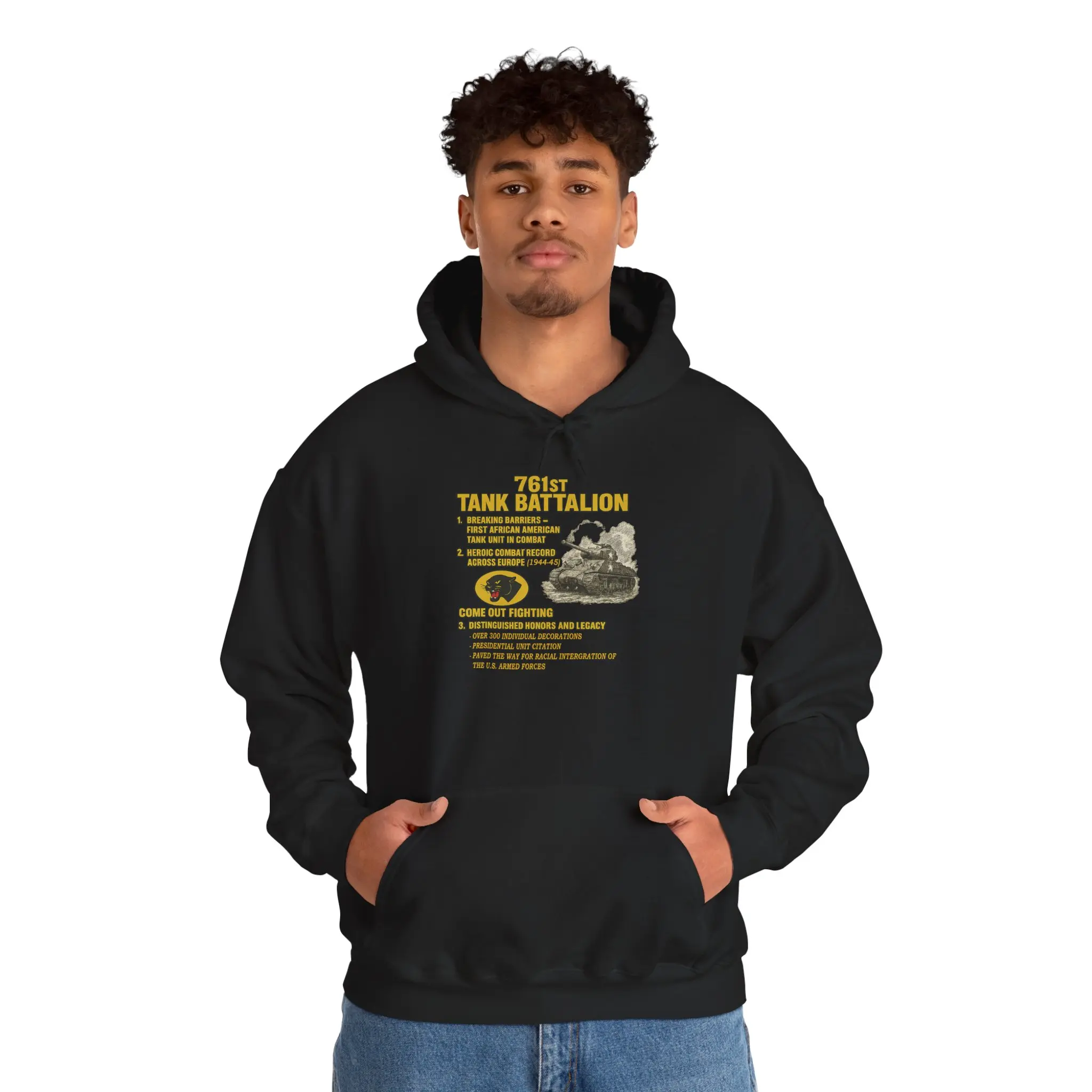 DEMARCIANO Men's 761st Army Tanker BN WWII Graphic T-Shirt, Loose-Fit Commemorative Specialty Item, Made to Order Military Memorabilia, Commemorative Item