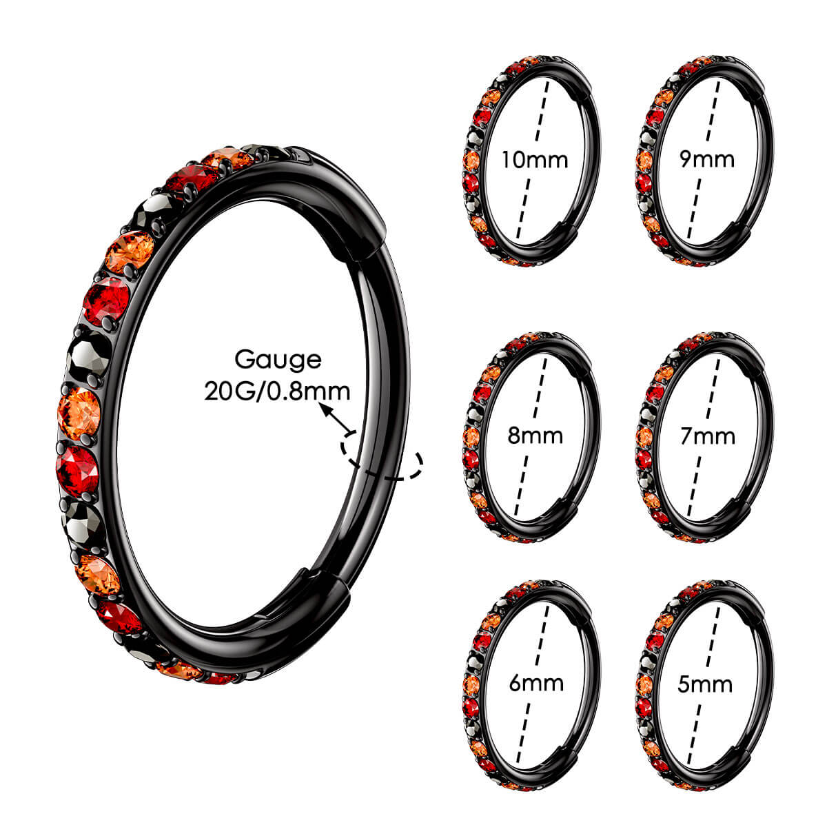 Oufer Halloween CZ Hinged Nose Hoop Ring for Body Jewelry 20G Stainless Steel 5mm-12mm Inner Diameter Black Purple Pink Green Blue Trick or Treat Collection Christmas Theme