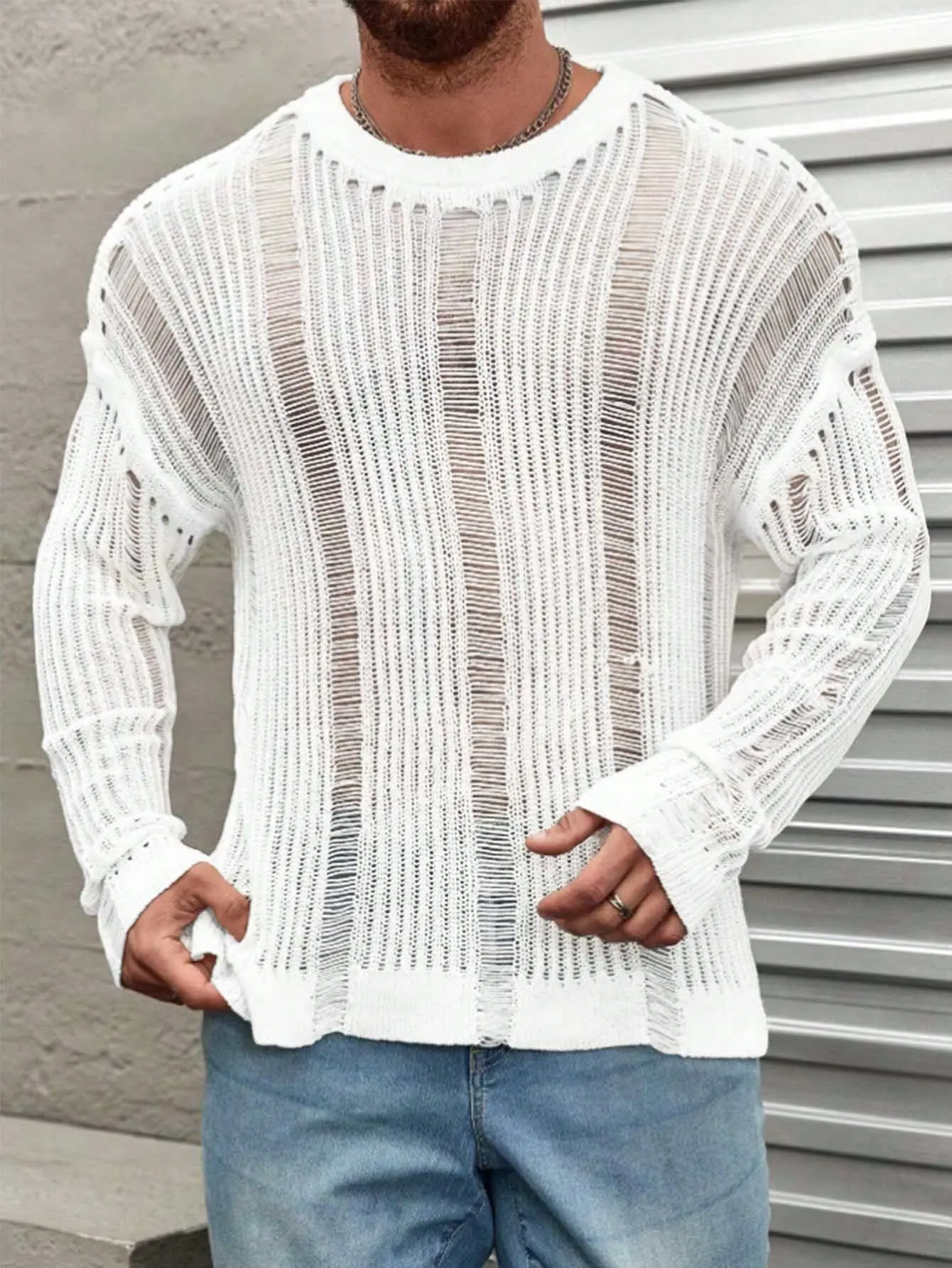 ANDREILEE Men's Long Sleeve Striped Openwork Knit Pullover, Distressed Street Style Loose Drop-Shoulder Fit, Menswear, Knitwear, Sweater, Distinctive Pore Texture, Trending, Party, Korean, Knitting, Hollow, Long Length, Pickhole Detail, Crew Neck