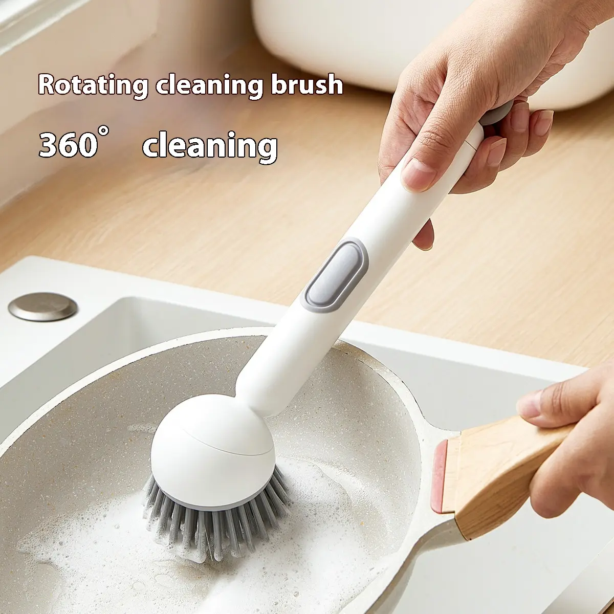 6-in-1 ABS Dish Brush with Soap/Detergent Dispenser, Adjustable Angle, Rotatable Scrub Function, Wall Mount - Includes Scouring Pad, Ideal for Sink, Pots, Pans Kitchen Cleaning