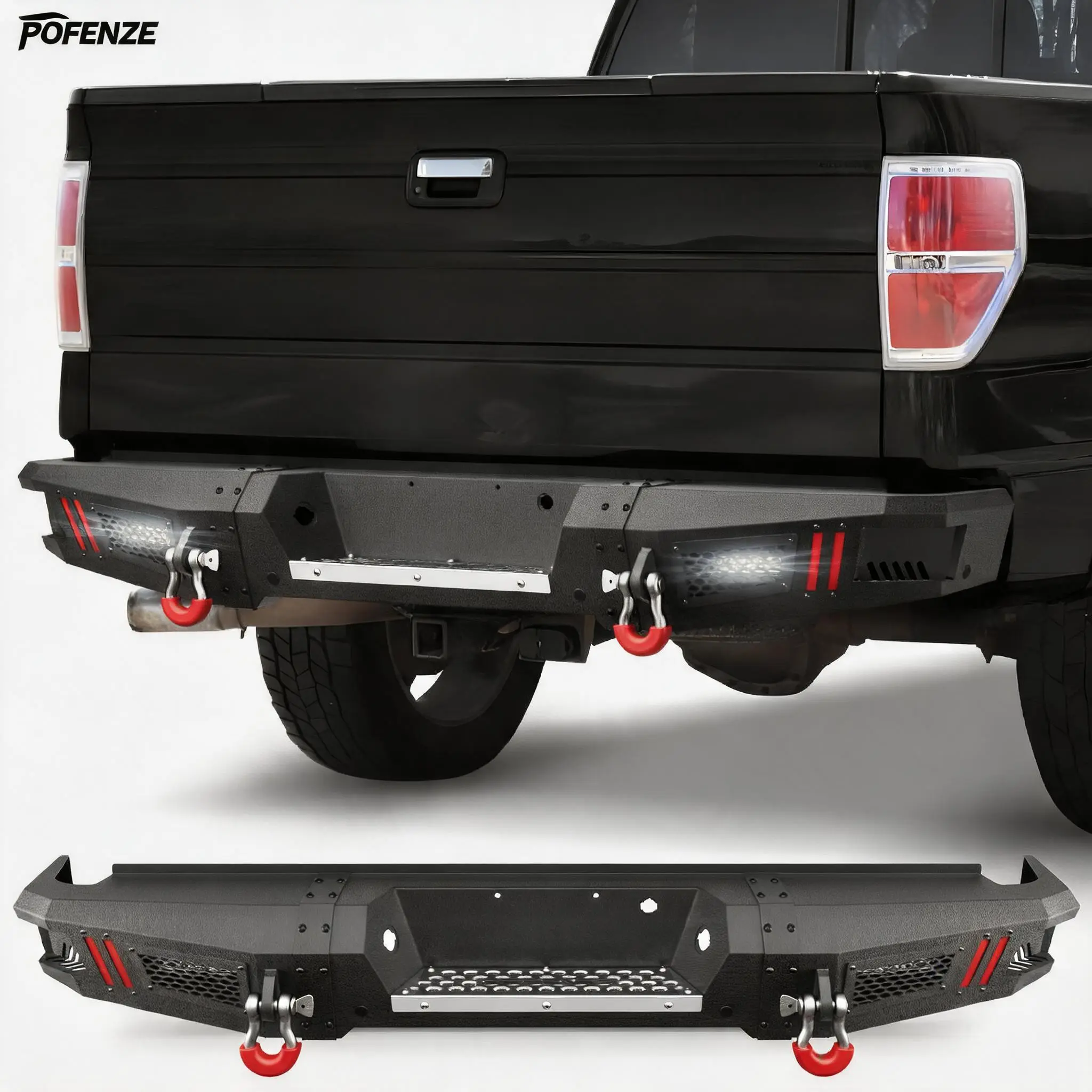POFENZE Rear Bumper for Ford F-150 2009-2014 (Excluding Raptor), Textured Black Pickup Truck Bumper with Stainless Steel Step Plate, Lights, Sensor Holes, and D-Rings