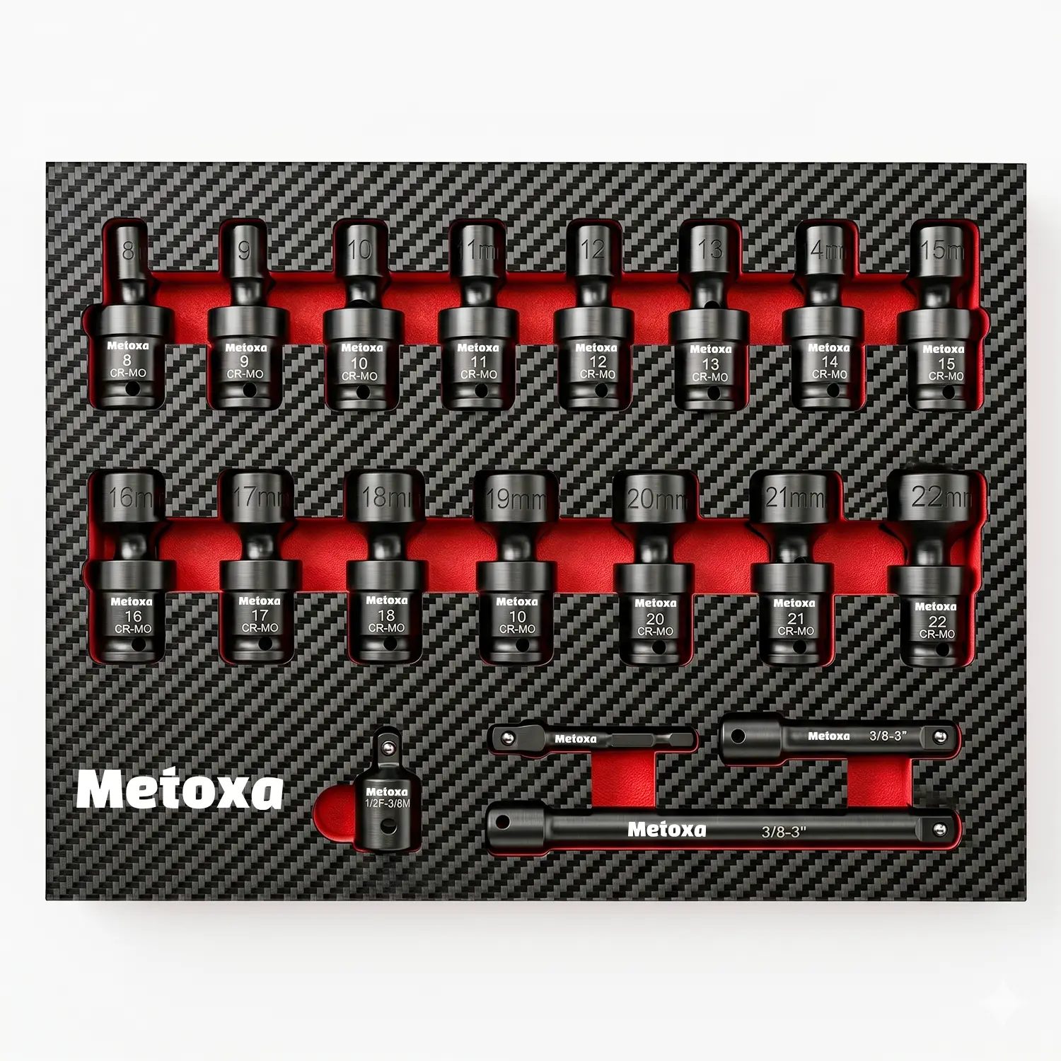 METOXA 19-Piece 3/8"-Drive Chromium-Molybdenum Steel Impact Swivel Socket Wrench Set, Professional Flex Socket Wrench & Impact Tools for Auto Repair, Garage Work Drive Socket Wrenches Universal Socket Wrench