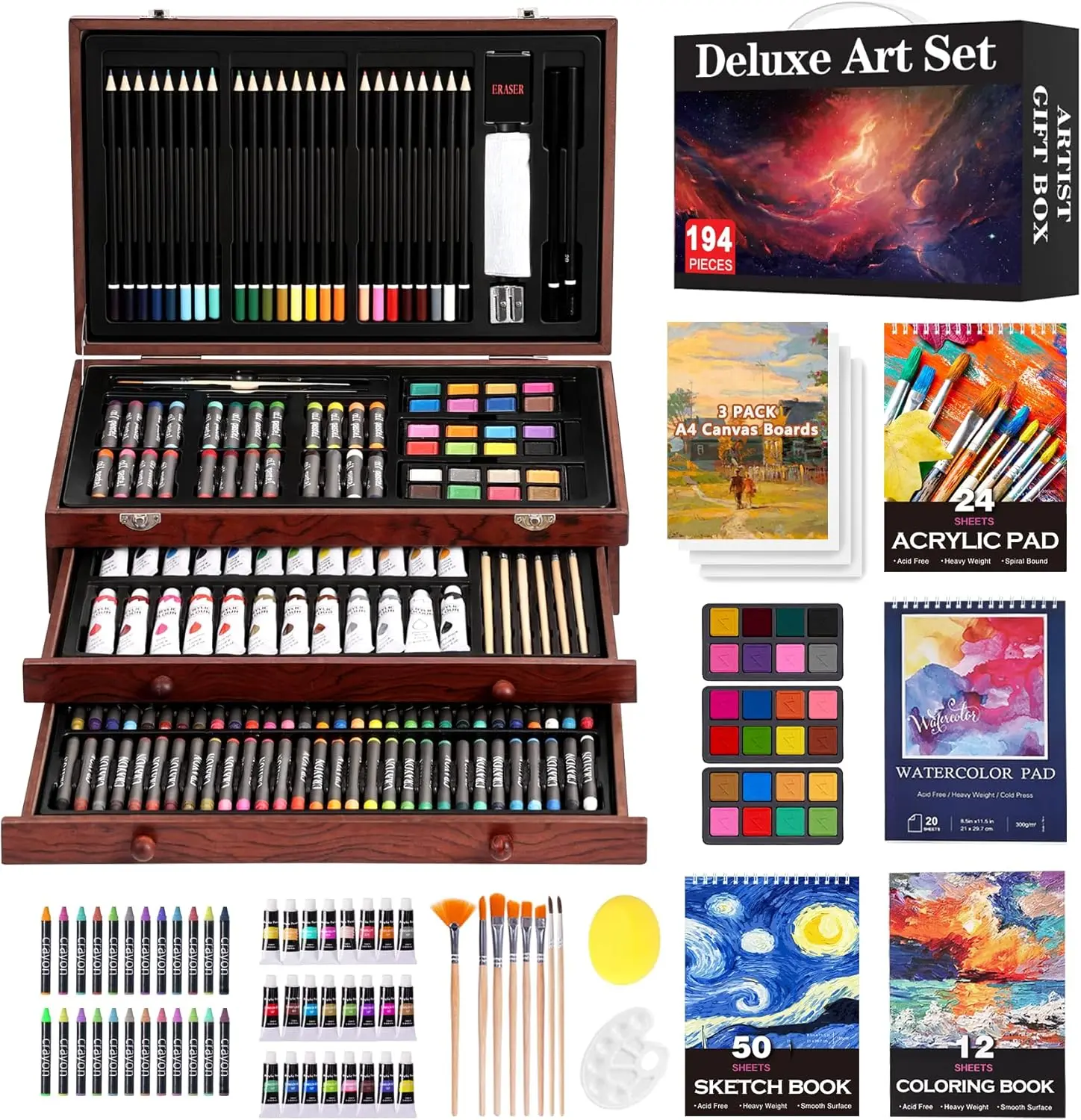 194 Piece Deluxe Art Set, Painting Drawing Art Supplies with 4 Drawing Pads, Acrylic Paints, Crayons, Colored Pencils Set in Wooden Case, Art Set for Kids, Teens, Adults, Artists, Beginners, Gift for Birthdays, Back to School, #tiktokshopsummersale