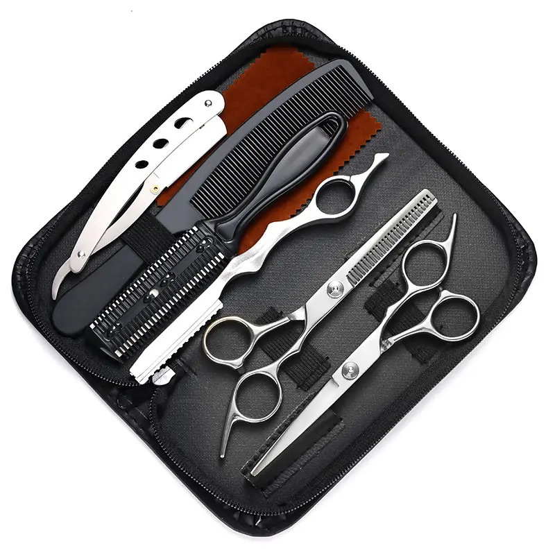 5.5 in Stainless Steel Hair Cutting Scissors Set - Haircare Tool with Razor, Leather Case, Thinning/Texturizing Shears, Ergonomic Handle for Professional Hairdressers, Home Use (Great Gift)