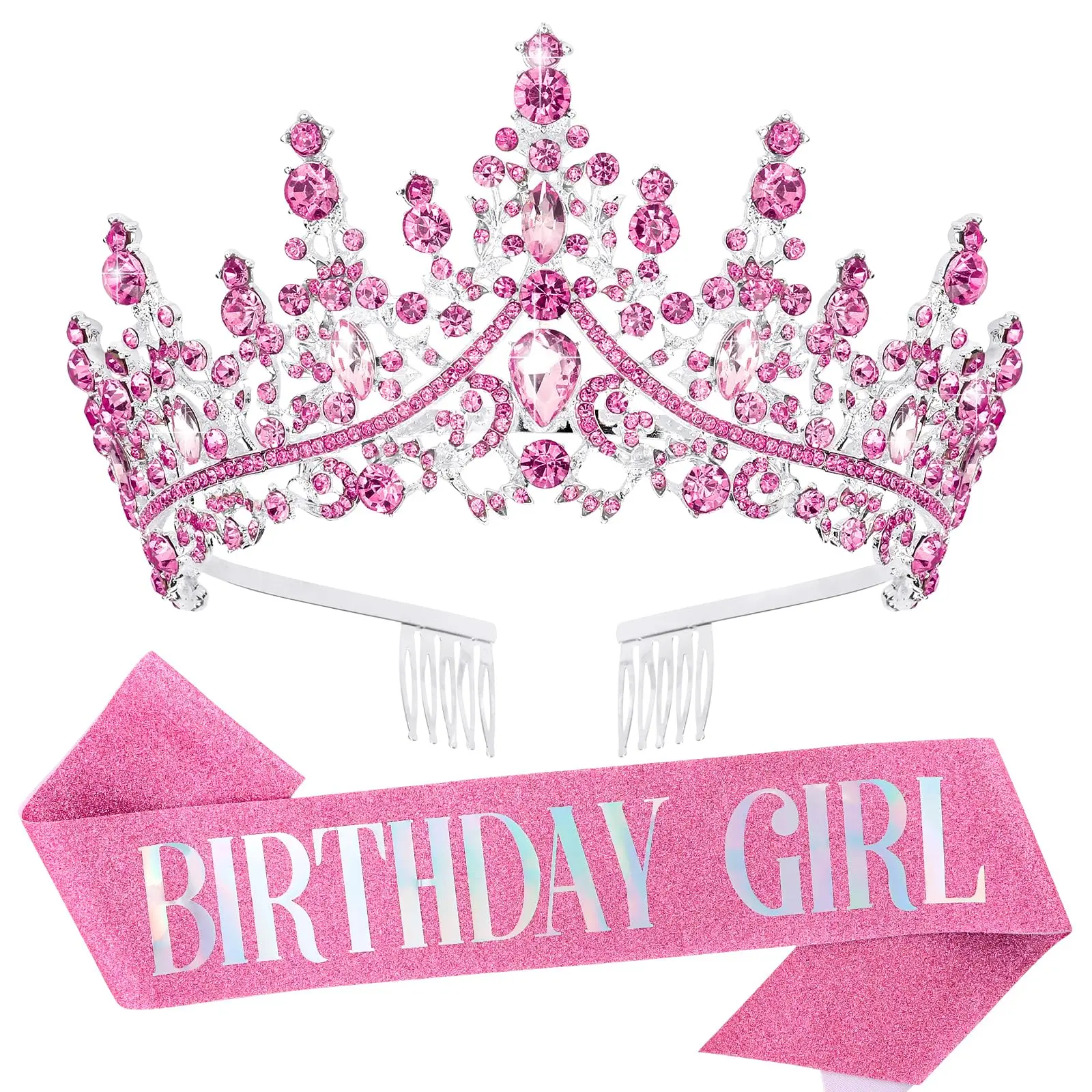 Crystal Birthday Tiara Crowns for Women & Girls – Elegant Princess Crown with Combs, Birthday Girl Headband Sash, Happy Birthday Party Decorations, Birth Gift Cake Topper, Hair Accessories