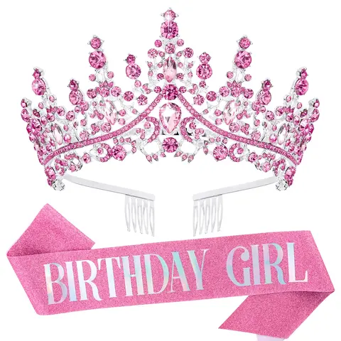 Crystal Birthday Tiara Crowns for Women & Girls – Elegant Princess Crown with Combs, Birthday Girl Headband Sash, Happy Birthday Party Decorations, Birth Gift Cake Topper, Hair Accessories