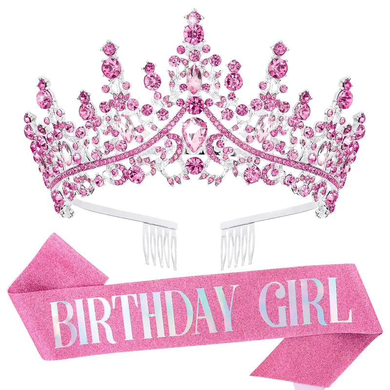 Crystal Birthday Tiara Crowns for Women & Girls – Elegant Princess Crown with Combs, Birthday Girl Headband Sash, Happy Birthday Party Decorations, Birth Gift Cake Topper, Hair Accessories