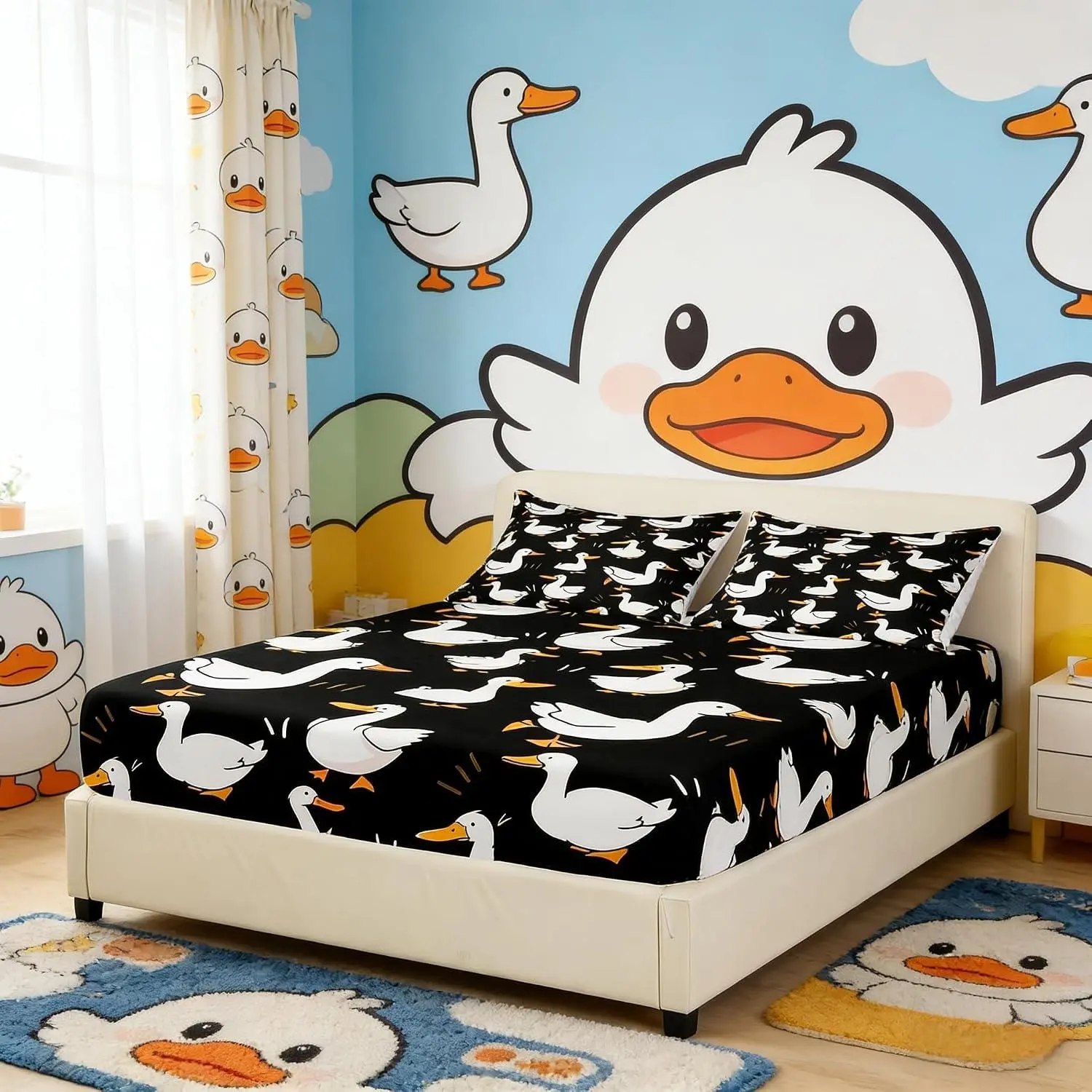 Cute Duck Fitted Sheet,Cartoon Farmhouse Livestock Animal Soft Fabric Deep Pocket Mattress Cover,Kawaii Goose Hand Drawn Black Bed Cover,No Flat Sheet