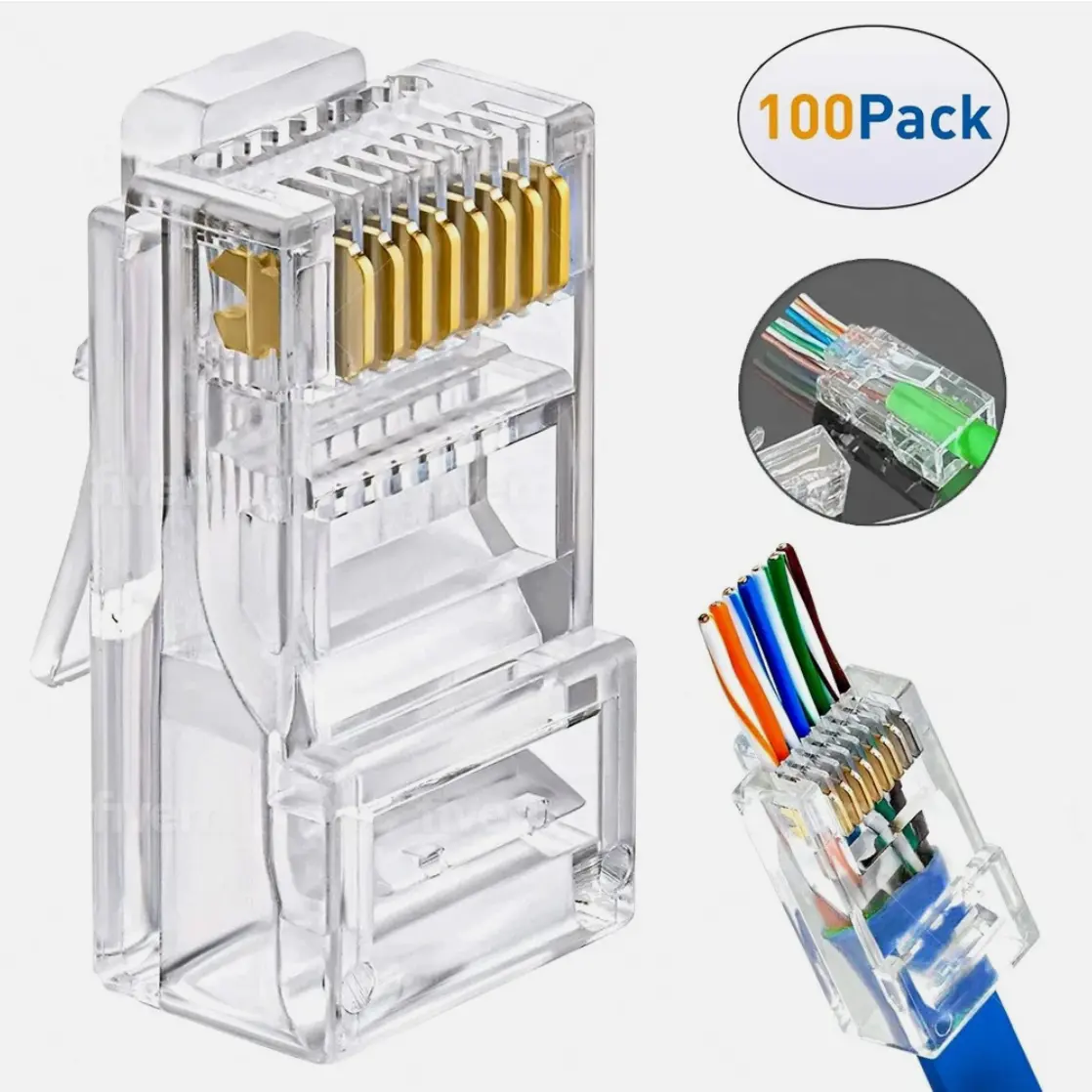 100pcs RJ45 Pass Through Modular Plug Network Cable Connector End 8P8C CAT6 CAT5 High-Quality Gold Contacts