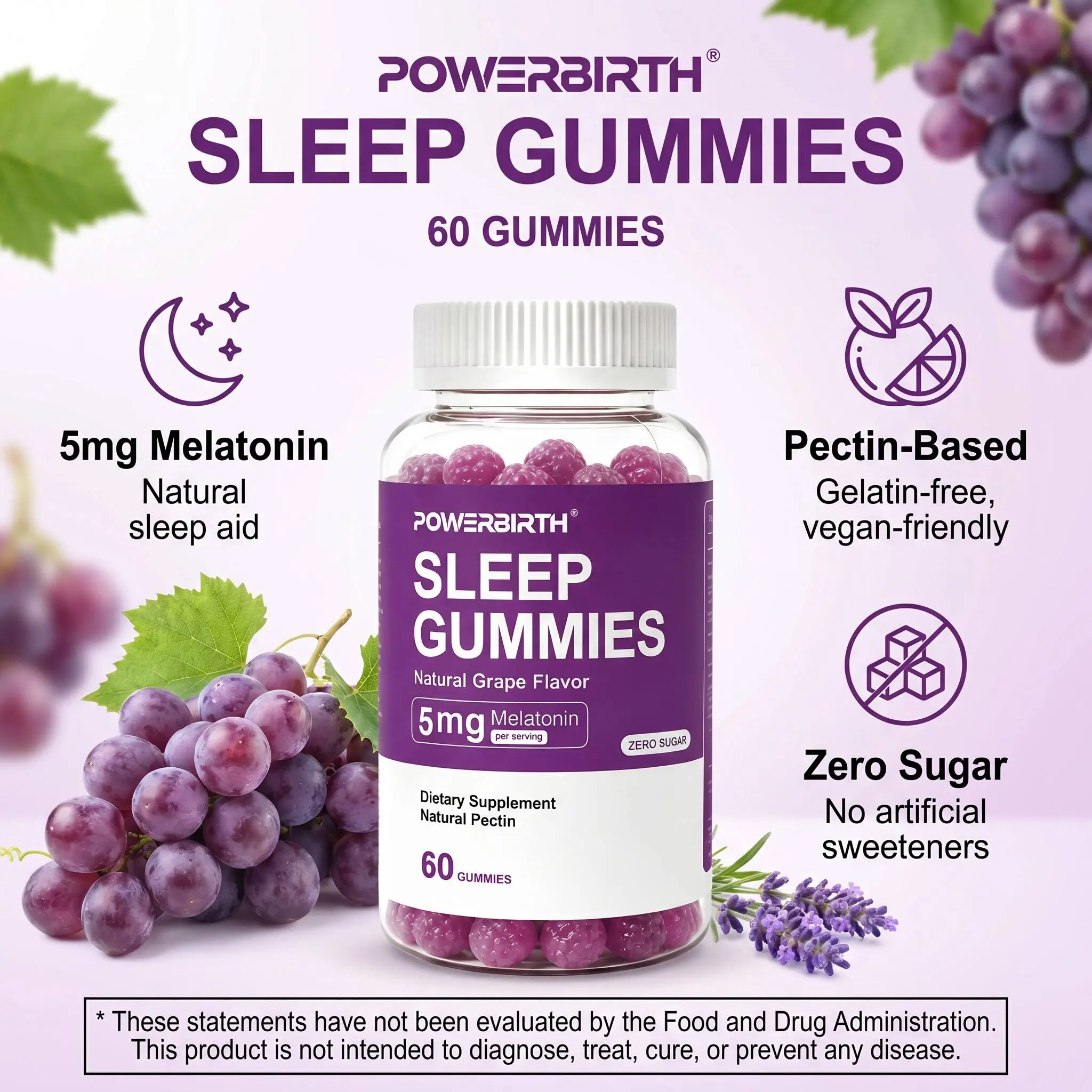 POWERBIRTH - Sleep Aid Supplement, Melatonin Gummies, 5 mg melatonin gummies, sleep gummies with magnesium and zinc, natural grape flavor, helps you fall asleep, soy-free, gluten-free, vegan