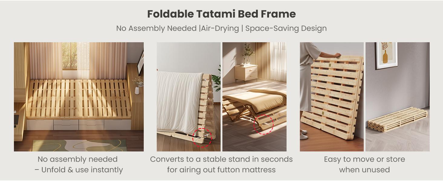 Naudacaa Wood Foldable Slatted Bed for Japanese Floor Futon Mattress, Solid Pine Bed Frame, Moisture-Proof Tatami Beds Plate, Guest Tatami Mat Floor Sleep Bedding