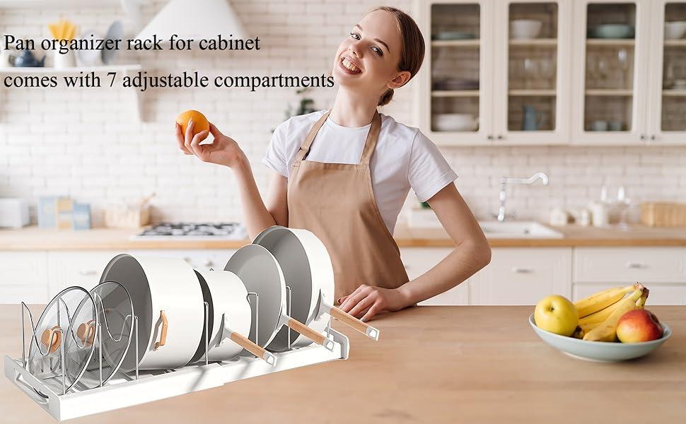 Pots and Pans Organizer Under Cabinet - Pot Lid Holder, Expandable Pan Organizer for Cabinet, Pot Rack with 10 Adjustable Compartments for Kitchen Cabinet, Frying Rack, Lid, Cookware,1 Pcs