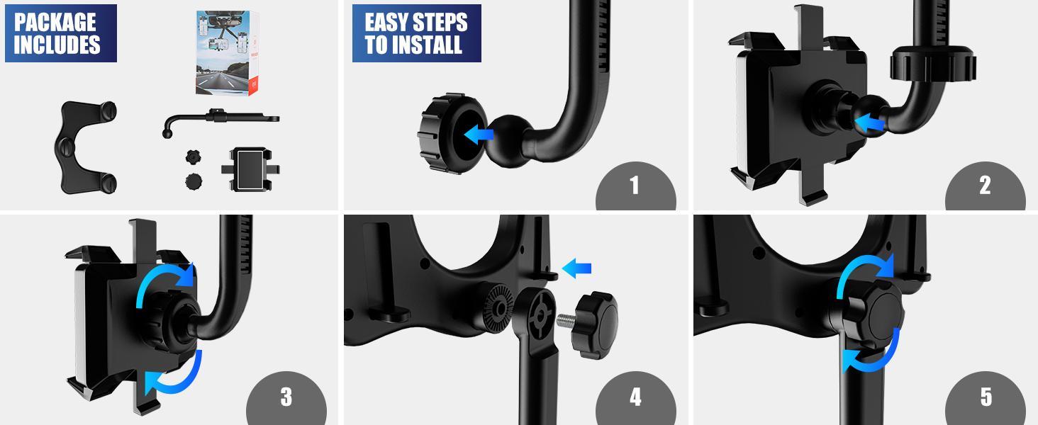 360° Rotating Rearview Mirror Phone Holder: Retractable, Strong Grip, Durable Universal Holder, Perfect for Hands-Free Use in the Car - Safe Practical