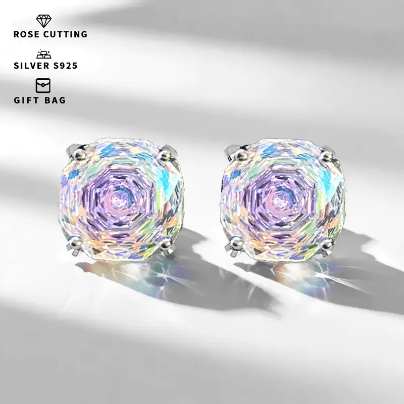 Sparkling 8Mm Rose Cut Colored Earrings, 925 Silver 2.5G Synthetic Cubic Zirconia, Rainbow Colored Exquisite Jewelry Birthday Gift